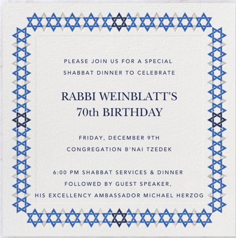Banner Image for Shabbat Dinner to Honor Rabbi Weinblatt's 70th Birthday